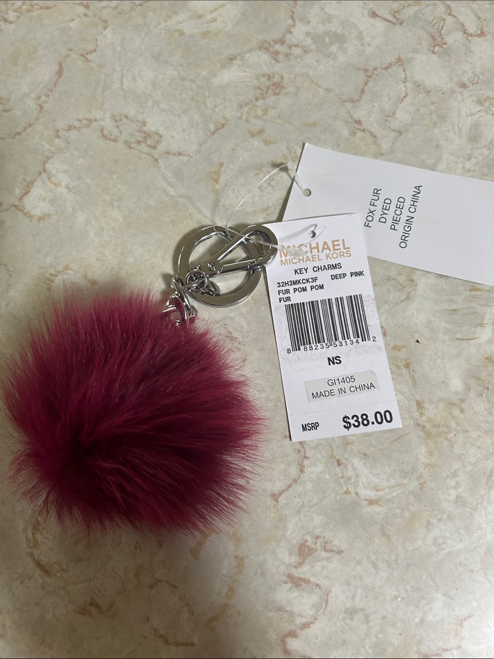 MICHAEL Michael Kors Deep Pink Fur Pom Pom Key Charm with Silver Hardware
